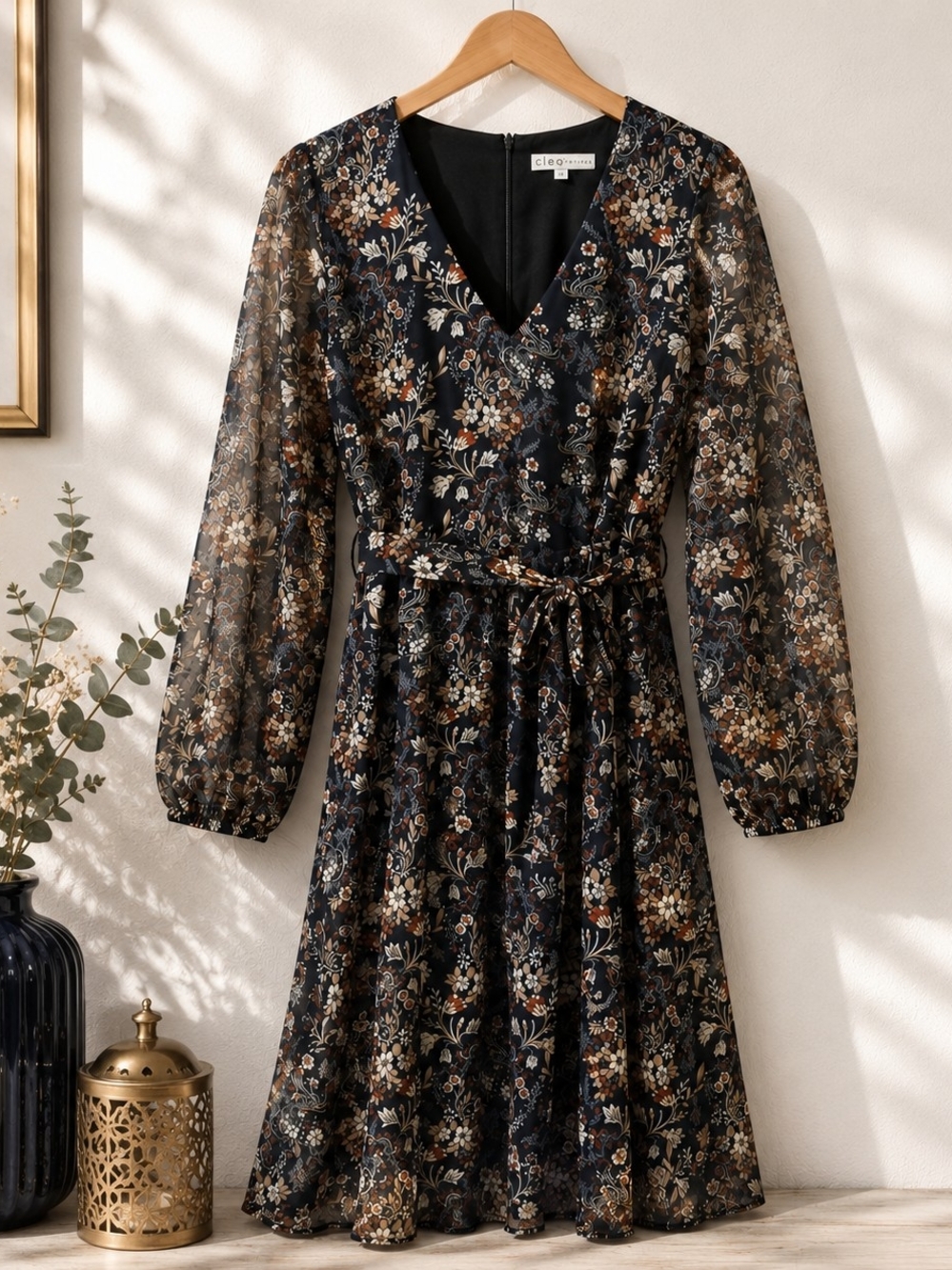 Cleo Petites Navy Floral Midi Dress Sheer Sleeve Belted Size 18